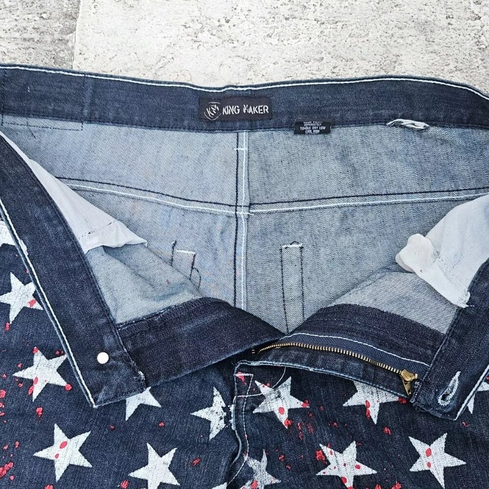 King Maker Men Shorts Blue White Star Patriot Straight Fit Shorts Bermuda Size40 - Picture 4 of 7